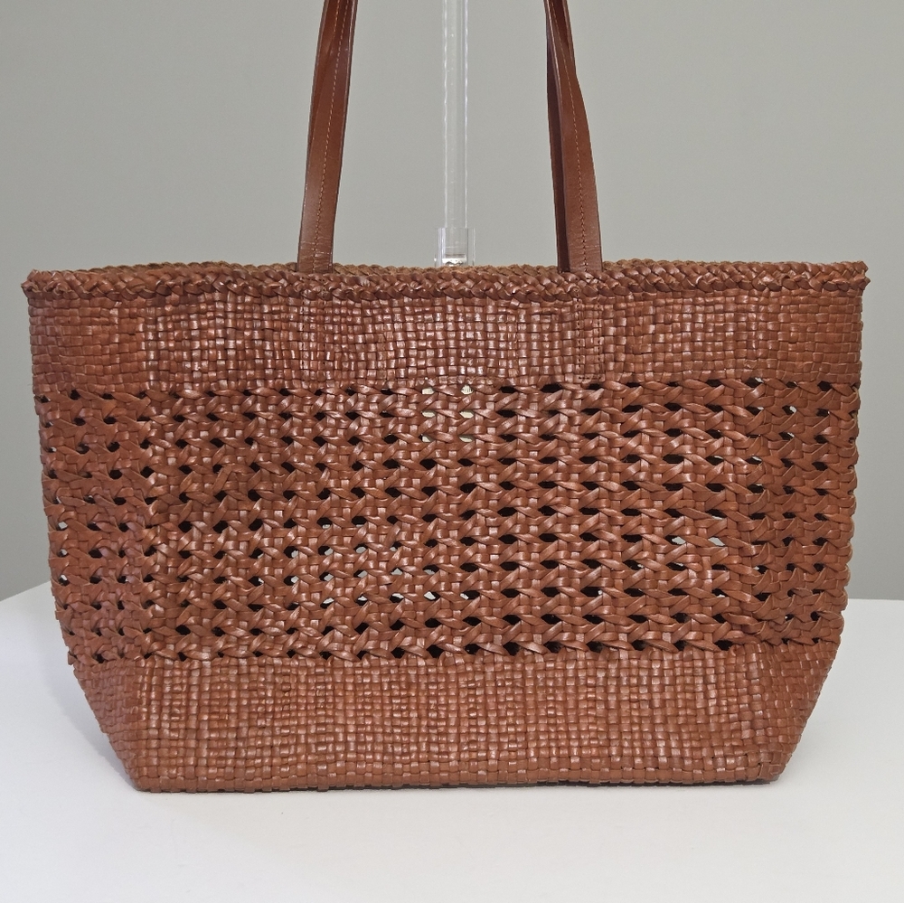 RARE SEZANE SAC CRISTOBAL LARGE WOVEN RATTAN LEATHER SHOPPER MARKET TOTE BAG - Picture 7 of 8